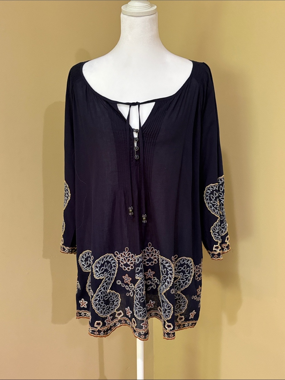 Cristina Embroidered Navy Peasant Tunic Top